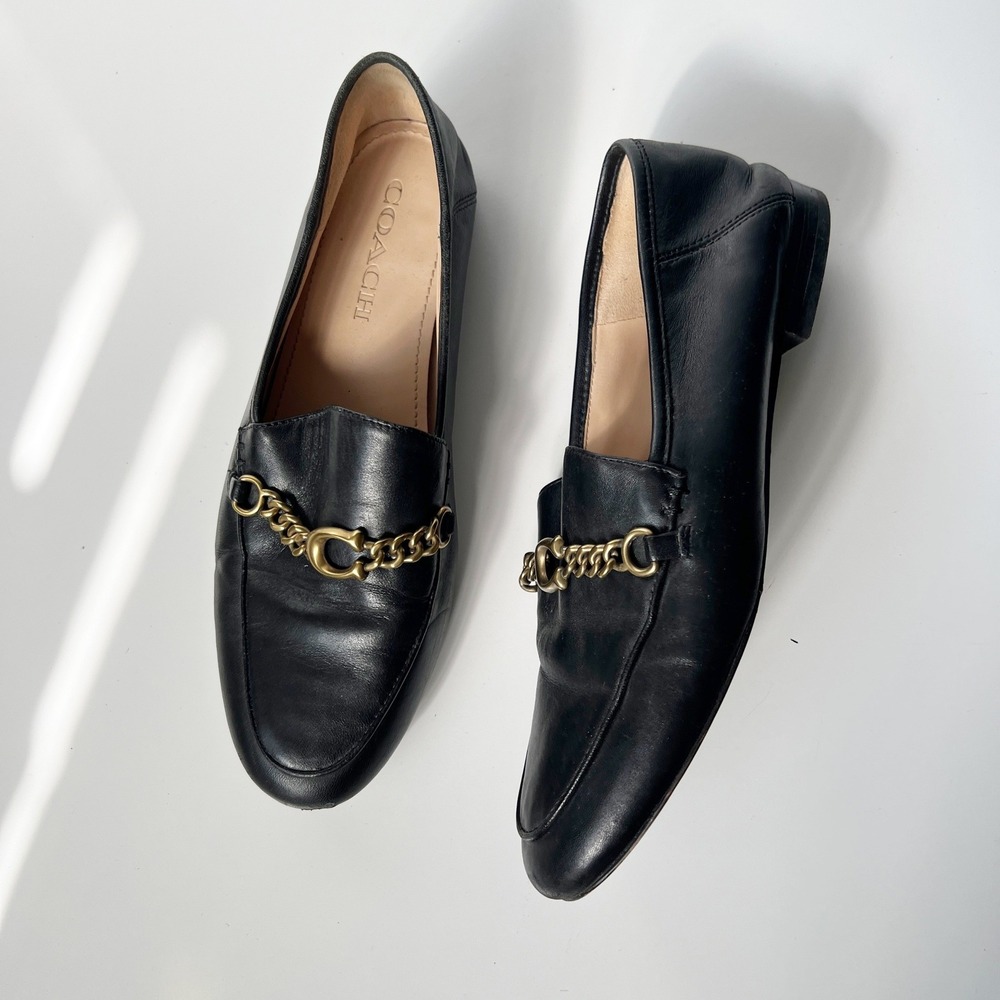 Coach Helena Loafers Size 8 Black Leather Gold Chain Link C Logo Flats Shoes - Picture 11 of 11